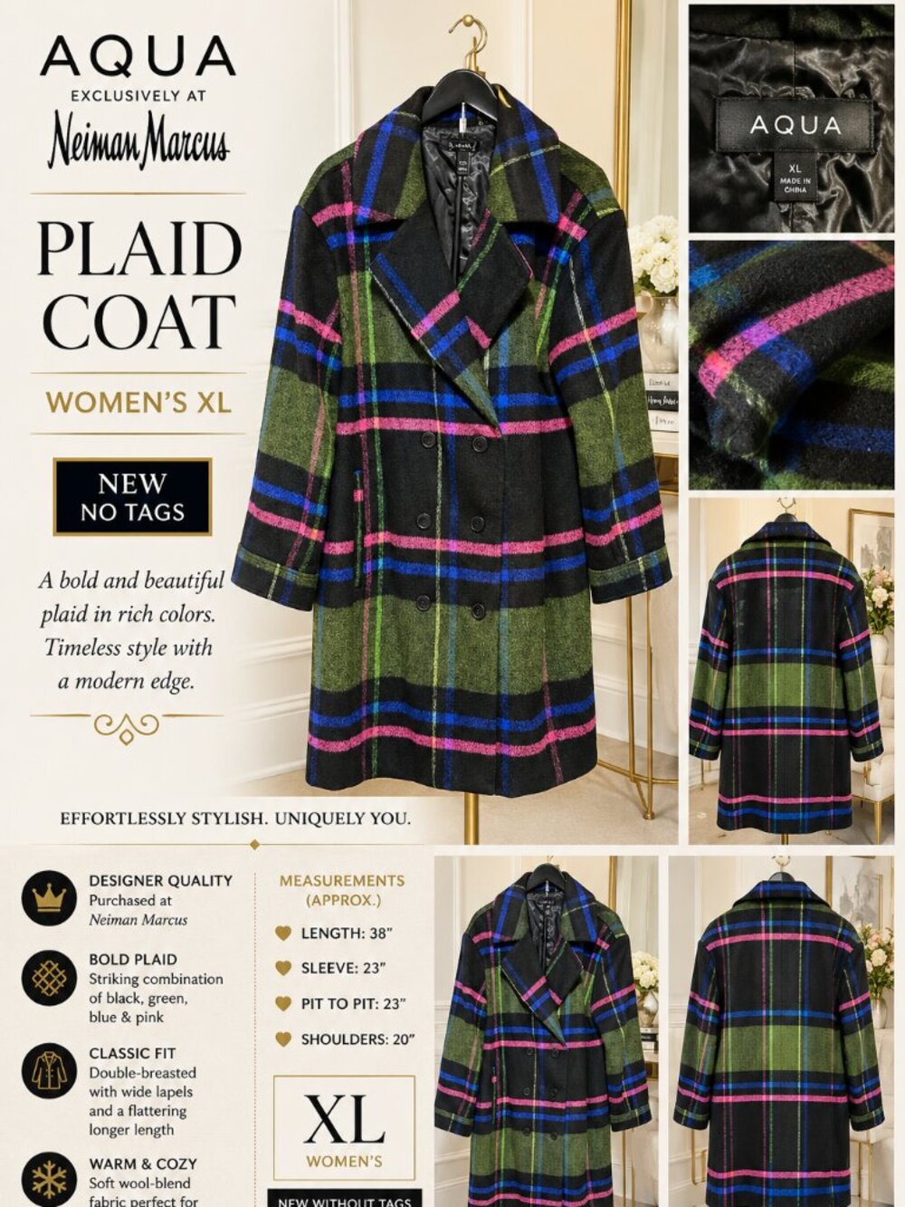 AQUA Neiman Marcus Plaid Double Breasted Coat Women XL Black Green Pink Blue NEW